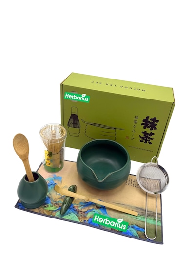 8 Parça Mat Zümrüt Yeşili Krem Tabanlı Renk Matcha Çayı Hazırlama Seti - Geleneksel Japon Matcha Seti