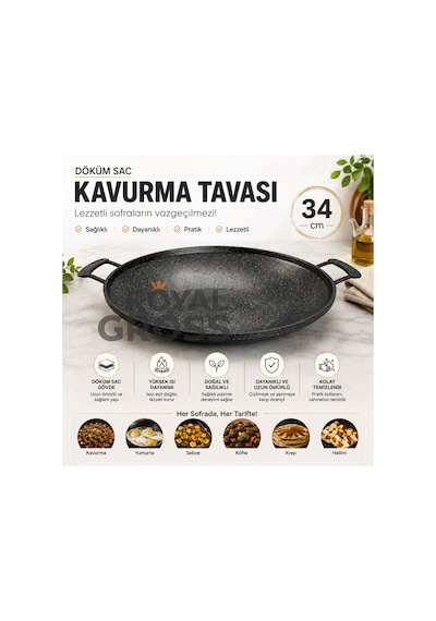 Döküm Sac Kavurma Tavası 34 Cm Çift Kulplu Izgara Ve Et Pişirme Tavası Siyah