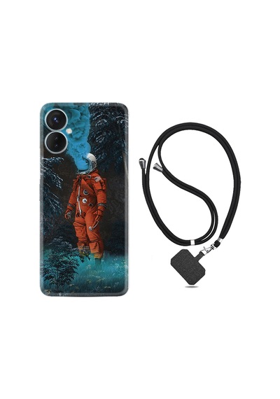 Tecno Spark 9T Kılıf İpli Boyun Askılı Desenli Silikon Astronot Smoke 1769