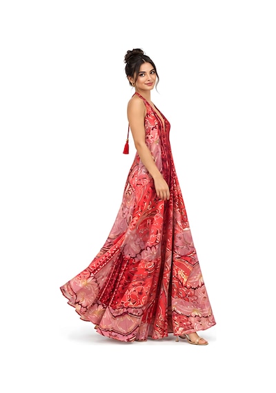 Lili Woman Kadın Kırmızı Ombreli Batik Desenli Halter Yaka Otantik Maxi Elbise Mo.melb01k