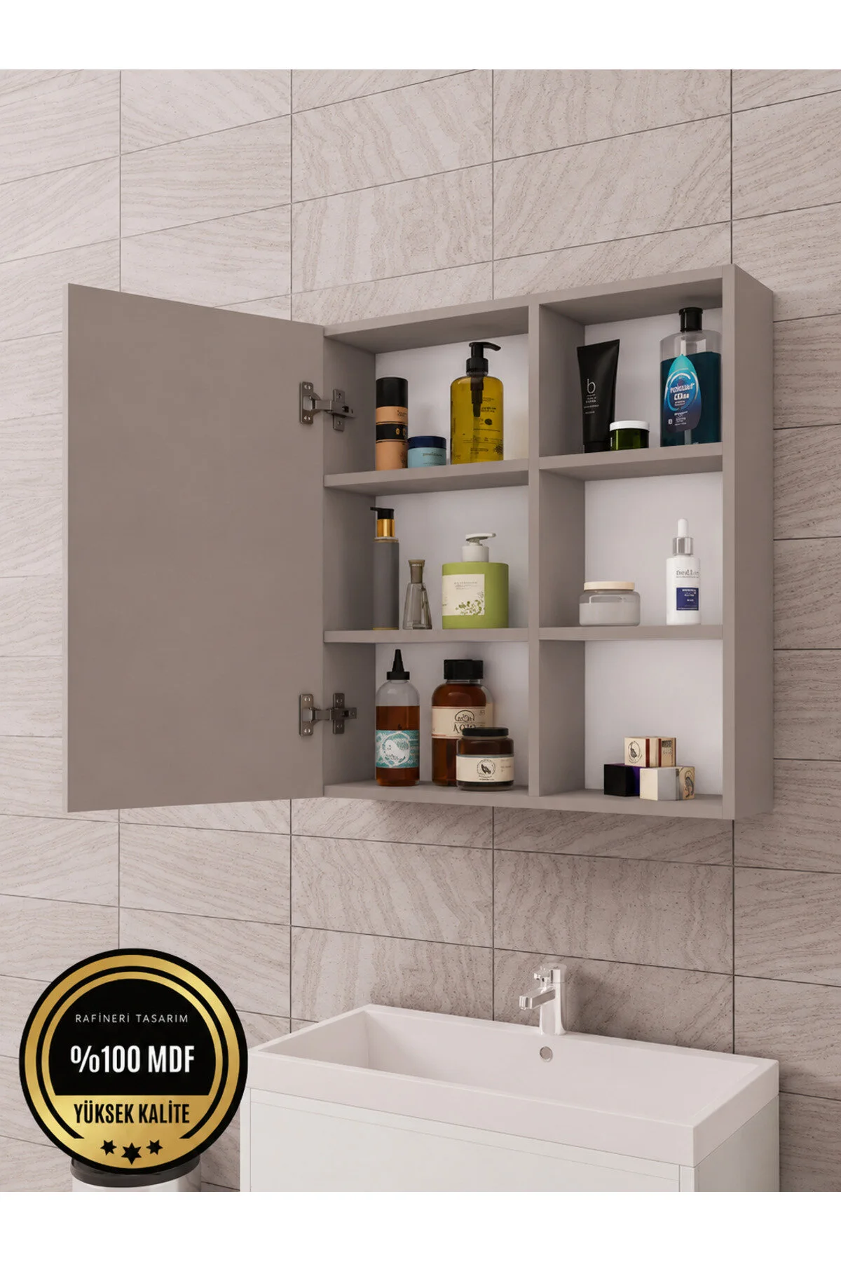 Dalin Tek Kapak Aynalı Banyo Dolabı Raflı Mdf Kahverengi Krem