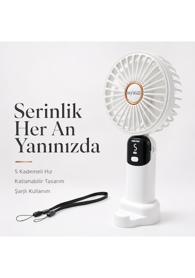 Mkio Şarjlı El Vantilatörü 5 Kademeli, Katlanabilir Dijital Ekranlı Mini El Fanı, 1200 Mah, 5 Pervaneli Güçlü Hava Akışı, Standlı Masaüstü Fan, Usb Şarjlı -beyaz