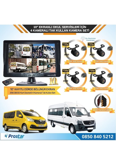 Kayıtlı 10&quot Dörde Bölünebilir 4 Kameralı Ahd 720p Okul Servisler Için Kamera Seti
