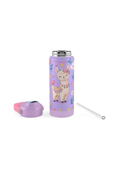 Puccon 540 Ml Sevimli Lama Baskılı Lila - Beyaz Kız Çocuk Pipetli Çelik Termos Matara/suluk - 60047