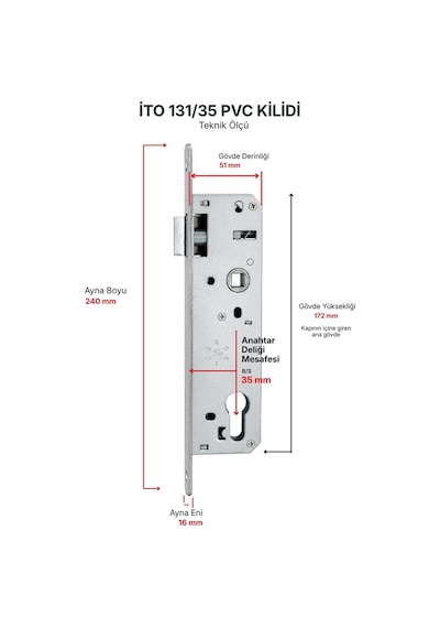 İto Kilit 131/35 PVC Gömme Pimapen Kapı Kilidi 35 mm - Barelsiz -