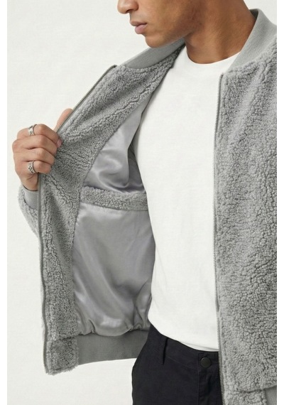 Genius Store Erkek Mont Peluş İçi Astarlı Oversize Geniş Kalıp Sherpa Kuzu Kumaş Spor Mont Gri