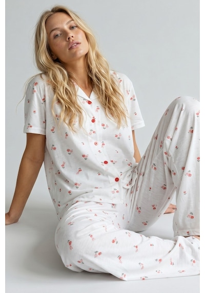 Siyah İnci İnce Soft Örme Mevsimlik Düğmeli Pijama Takımı 8002 Çiçekli Kalp