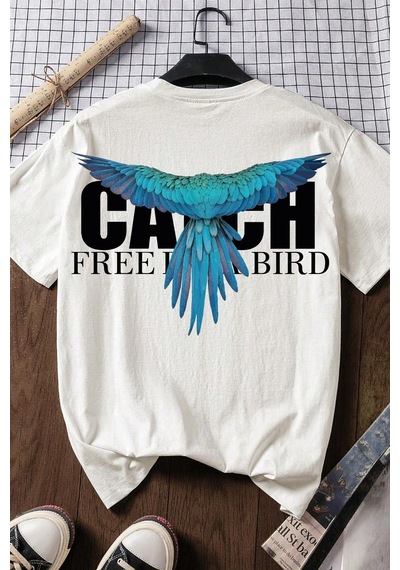 Spoyi Free Bird Tasarımlı %100 Pamuk Yarım Oversize Beyaz T-mhirt