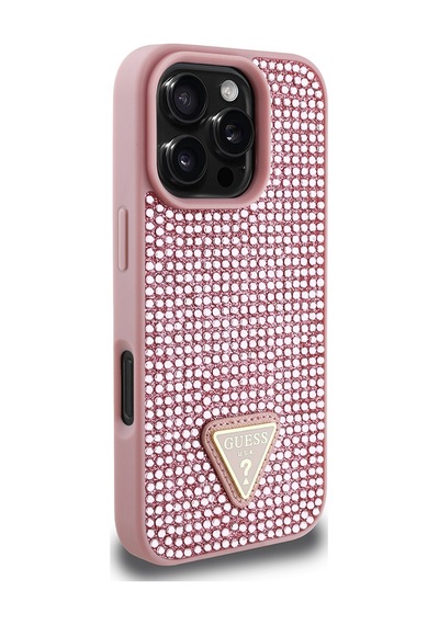Apple Uyumlu iPhone 16 Pro Max Kılıf Guess Lisanslı Üçgen Logolu Taşlı Kapak Pembe