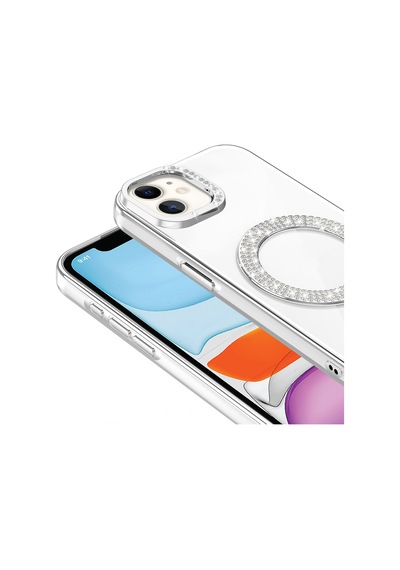 Apple Uyumlu iPhone 11 Kılıf Pırlanta Taş Tasarımlı M-safe Şarj Özellikli Karetta Silikon Kılıf Gümüş