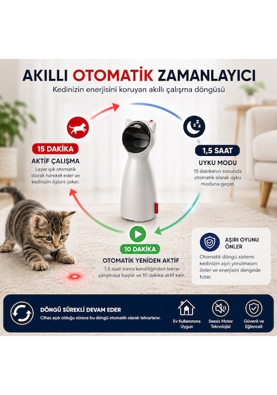 Hpytech Otomatik Lazer Kedi Oyuncağı Hpytech Lazer Işıklı Kedi Oyuncağı 5 Hareket Seviyesi Usb & 4 Aa Pil Destekli Manuel Modlu İnteraktif Kedi Oyuncağı