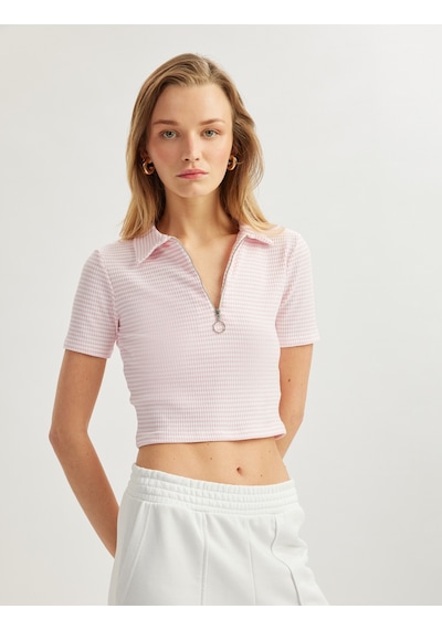Koton Viskon Kumaş Karışımlı Pötikare Fermuarlı Kısa Kollu Crop Polo Yaka Tişört Pembe Çizgili 5sak50007ek Pembe Çizgili Pembe