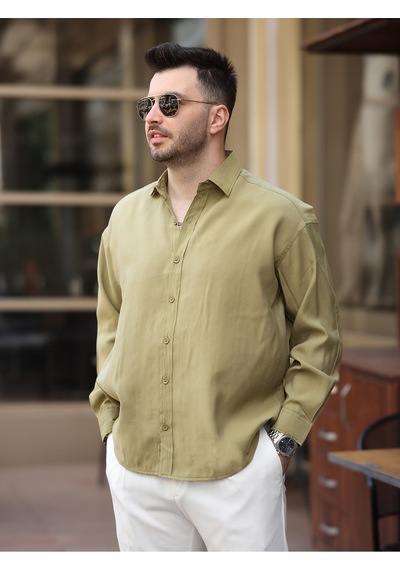 Oversize Oval Kesim Modal Gömlek Haki