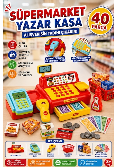 40 Parça Süpermarket Yazar Kasa Oyun Seti Market Aksesuarlı 3+ Yaş