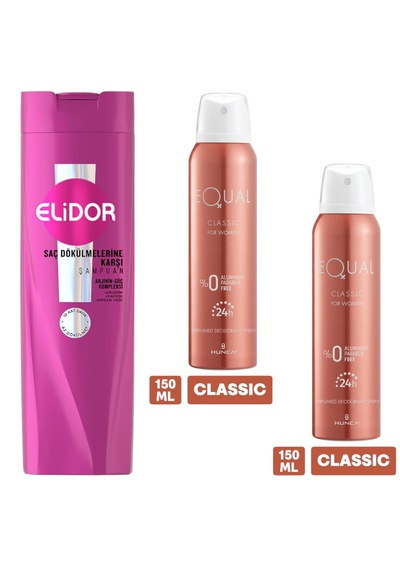 Elidor Saç Bakım Şampuanı Saç Dökülmelerine Karşı 400 Ml + Equal Kadın Deodorant 150 Ml 2 Adet Dökülen