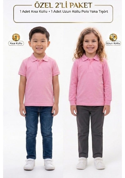 Nacar Store Unisex Çocuk Uzun Ve Kısa Kollu Polo Yaka Okul Tişörtü 2'li Set Pembe
