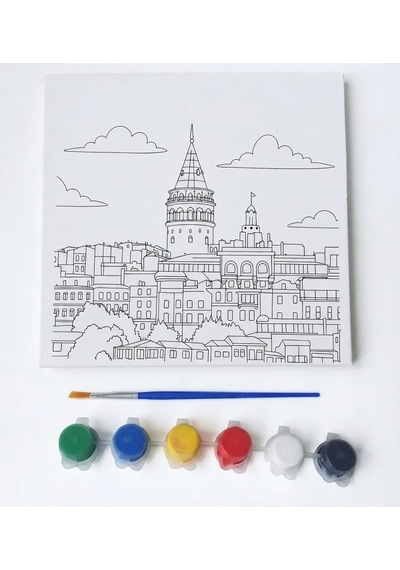 Figürlü Tuval Boyama Seti 20x20 Cm 1 Adet Fırça, 6 Renk Akrilik Boya Ve Referans Görselli Hobi & Kendin Yap Boyama Kiti 1, Galata Kulesi