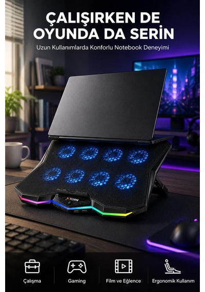 Torn Rgb Laptop Soğutucu 8 Fanlı Ayarlanabilir Standlı Notebook Soğutucu