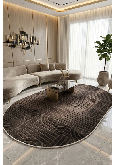 Modern Oval Halı Bambu Dokulu Kaymaz Taban Yumuşak Salon Yatak Odası Halısı Antrasit