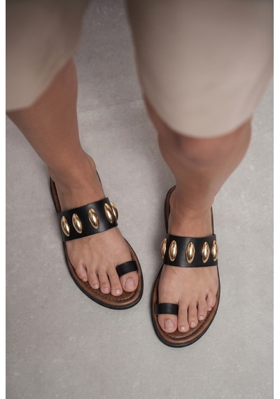 Giamgia Store Giamgia Kadın Siyah Altın Zımbalı Düz Parmak Arası Terlik-2403