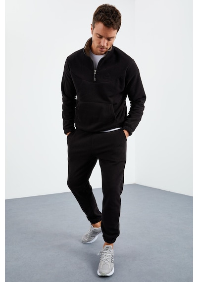 Tommy Life Siyah Yarım Fermuar Dik Yaka Lastik Paça Polar Erkek Eşofman Takımı - 85159 Siyah