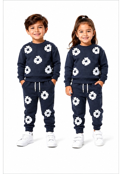 Mavi Boncukk Çocuk Unisex Kabartma Baskılı Detaylı Oversize Alt Üst Eşofman Takımı İndigo Mavisi