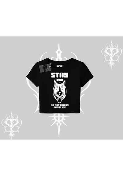 Tarzsokak Cuteness Overload Kedi Baskılı Oversize Crop Tshirt Siyah