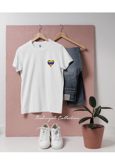 Oversize Gökkuşağı Kalp Lgbt Tasarımlı Unisex T-shirt Beyaz