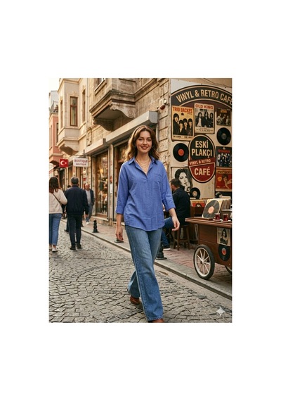 Zdnjeans Kadın Mavi Rahat Kesim Keten Gömlek