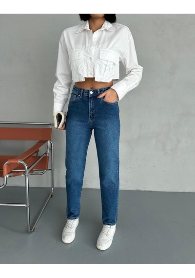Zeo Basic Likralı Mom Jean Koyu Mavi Taşlamalı Koyu Mavi Taşlamalı