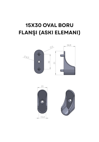 Cateksss 15x30 Oval Askı Flanşı, Boru Askı Flanşı, Çift Pimli, Plastik - Ceviz - 28 Li Paket