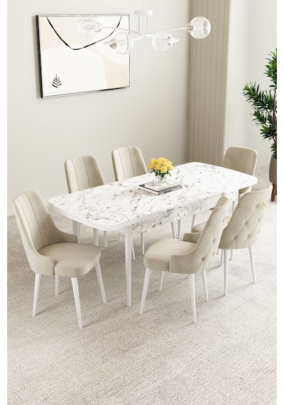 Clara Beyaz Mermer Desen 80x132 Açılabilir Mdf Masa Yemek Odası Takımı,mutfak Takımı 6 Adet Sandalye Bej Clara Beyaz Mermer Desen 80x132 Açılabilir Mdf Masa Yemek Odası Takımı,mutfak Takımı 6 Adet Sandalye Bej