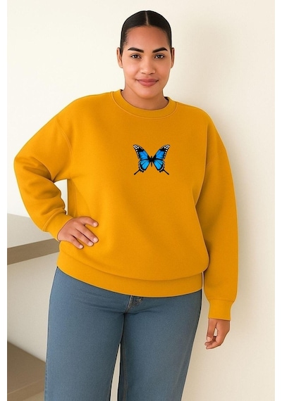 Benroma Kelebek Baskılı Büyük Beden Unisex Sweatshırt Sarı