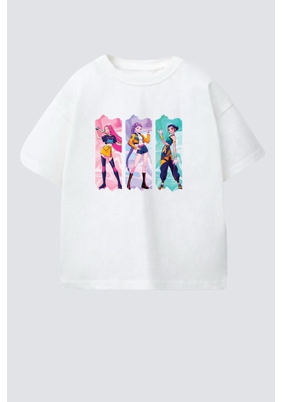 Monila Kız Çocuk Pamuklu Bisiklet Yaka Huntrix Baskılı T-shirt Ekru