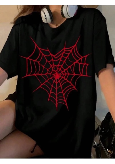 Kadın Örümcek Ağ Baskılı T-shirt Kısa Kol Bisiklet Yaka Oversize Tişört - Siyah