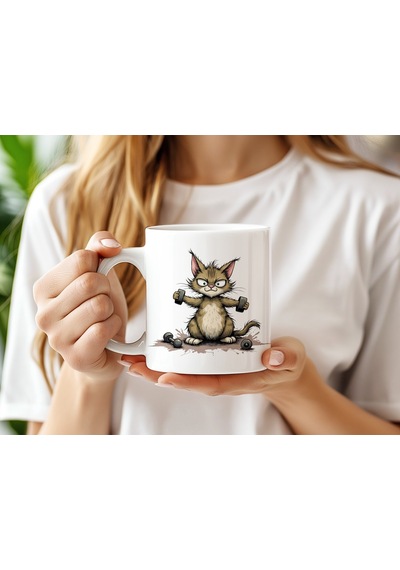Ağırlık Kaldıran Sporcu Kedi Kupa Bardak - Komik Kedi Tasarımları - Hediye Fikir Beyaz