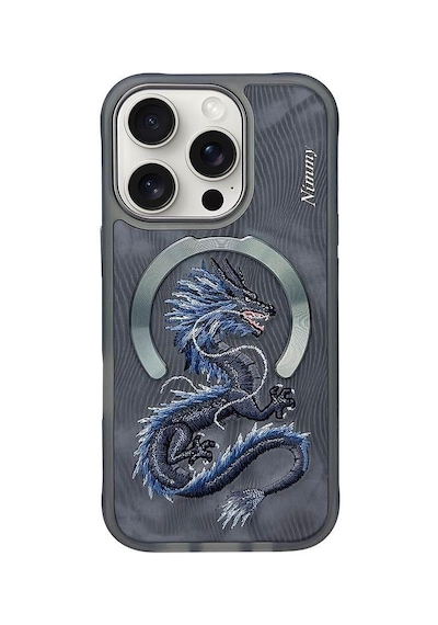 Nımmy İphone 15 Pro Max Uyumlu Magsafe Destekli 3d Gerçek Nakış İşlemeli Mavi Dragon Kılıf