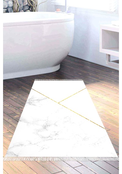 Kaymaz Dijital Mutfak & Salon Halı Star Pamuk Saçaklı Geometrik E5008 Beyaz