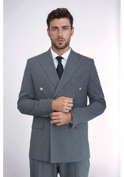 Gümüş Renk Metal Düğmeli Slim Fit Kruvaze Antrasit Erkek Takım Elbise Wessi Gri