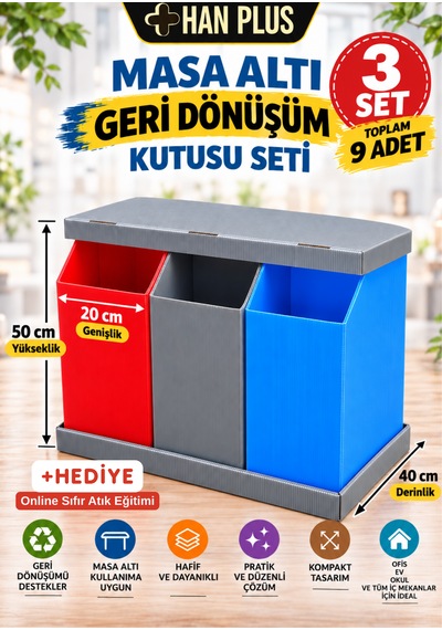 Han Plus Masa Altı, 3'lü Geri Dönüşüm Kutusu Seti -3 Takım + Online Sıfır Atıkeğitimi