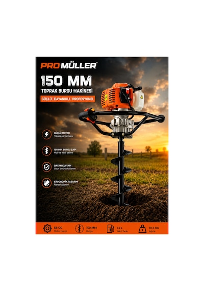 Pro Müller Profesyonel 58 Cc Ex-torq Benzinli Toprak Burgu Makinesi 150 Mm X 100 Cm Delme Ucu