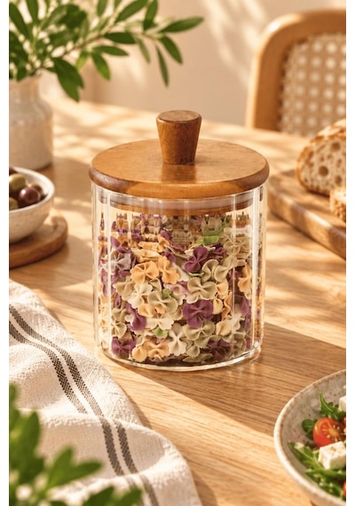 Atbyhome Akasya Ahşap Kapaklı Çizgili Cam Kavanoz 600 Ml - Vakumlu Erzak Ve Baharat Kabı