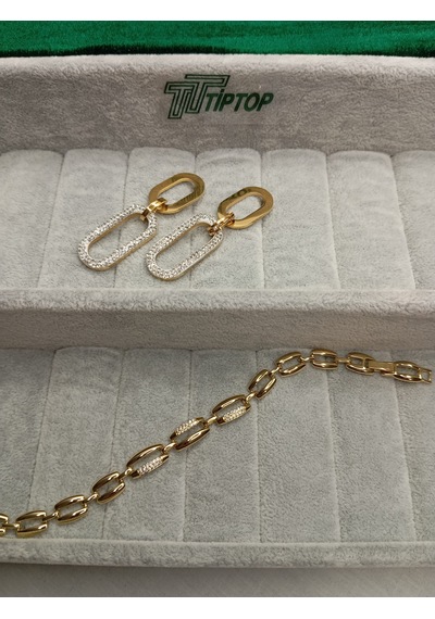 Tiptop/ Gold Renk Zirkon Taşlı Sallantılı Model Çelik Küpe - Zincir Model Zirkon Taşlı Bileklik Gold