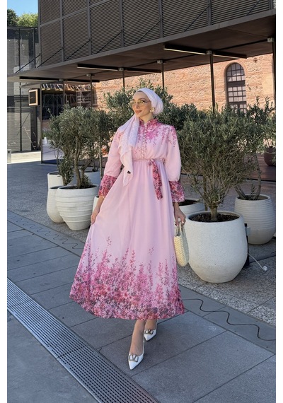 Riella Butik Çiçek Desenli Tesettür Elbise Pembe