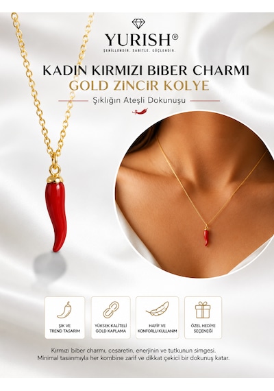 Kadın Kırmızı Biber Charmı Gold Zincir Kolye 0143 - Kırmızı