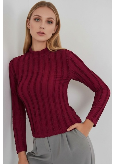 Hiccup Bdart Dokulu Slim Fit Dik Yaka Bluz Bordo Kırmızı