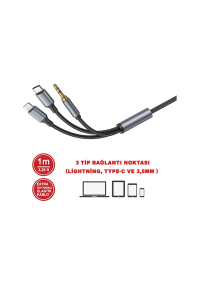 Type-c Apple Uyumlu iPhone Lightning To 3.5mm Aux Kumaş Örgülü Ses Kablosu 3 İn 1 Stereo Destekli Mt2811