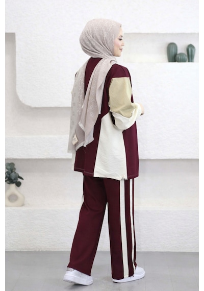 Balenbi Oversize Çift Garni Detaylı Şeritli Modal Tesettür Kadın Takım 1198 - Form Serisi Bordo Balenbi Oversize Çift Garni Detaylı Şeritli Modal Tesettür Kadın Takım 1198 - Form Serisi Bordo
