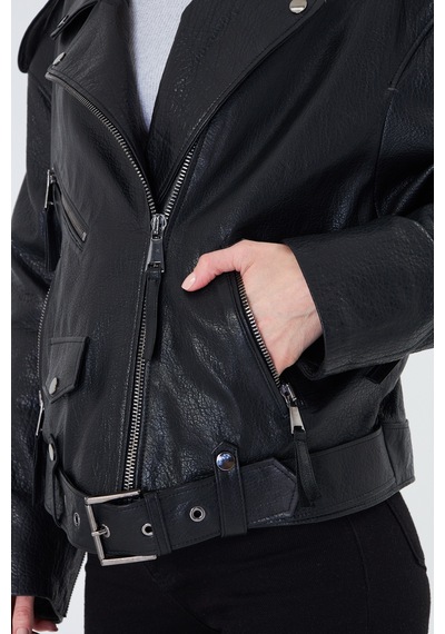 M M Marki Marki Kadın Hakiki Jumbo Deri Ceket Biker Tarz, Kemerli, Oversize, Apoletli, 65 Cm, Siyah - 507322