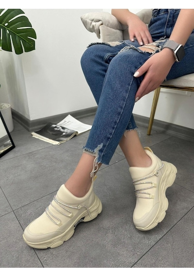 Erva'nın Butiği Bej Dore Kadın Gizli Topuklu Bağcıklı Sneakers-5263